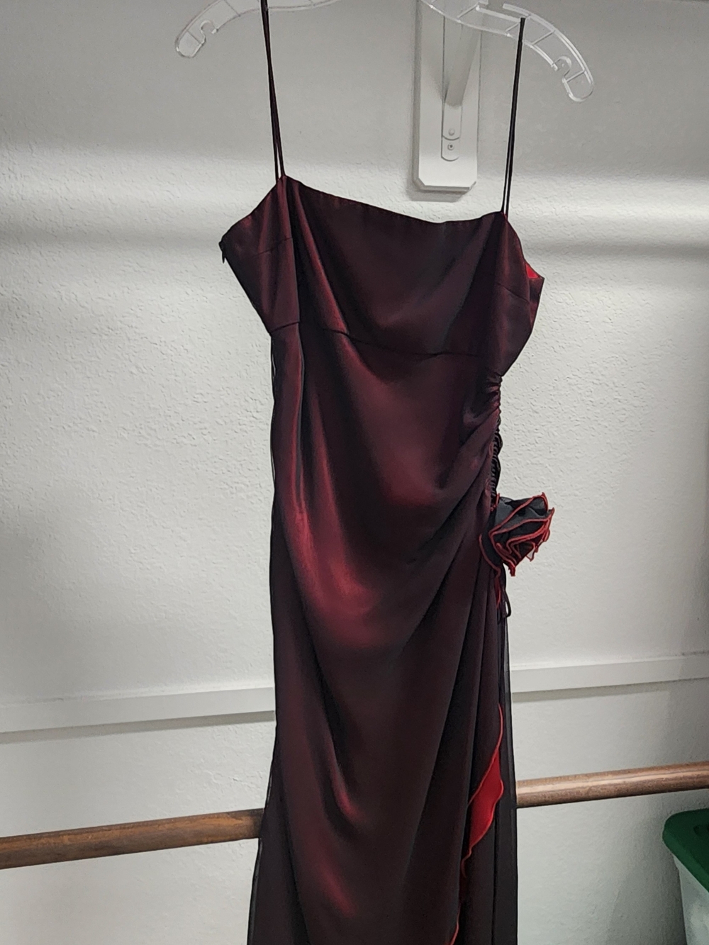 LATE 1990S GIA & CO Women's Burgundy Satin Slip Dress with Side Ruffle